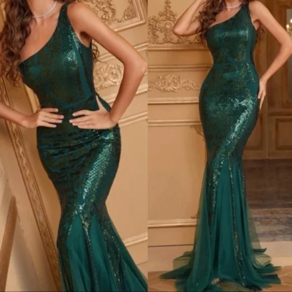 Luxurious sequins one shoulder mesh evening party formal gown dress - Picture 4 of 13